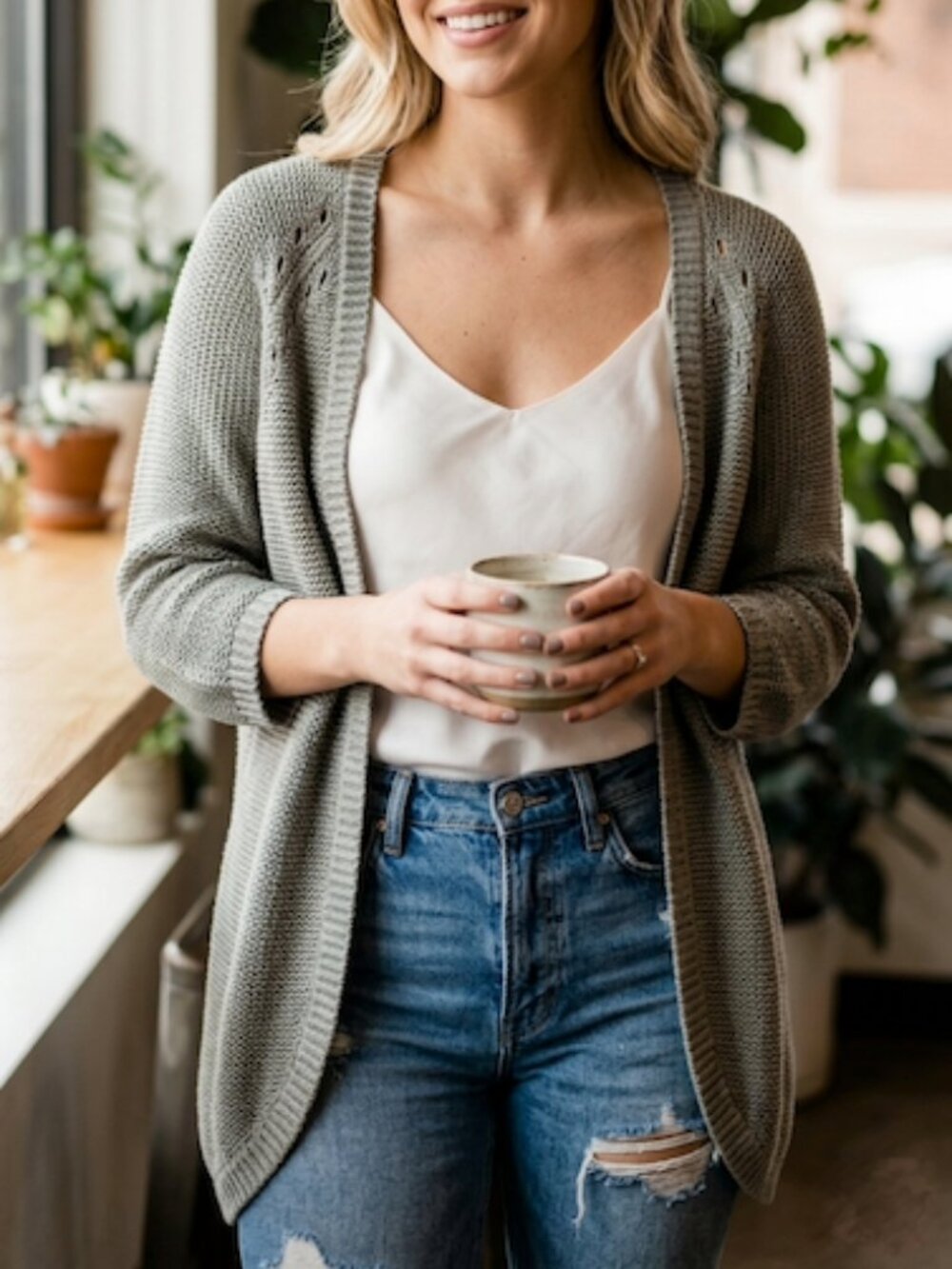 H&M Basic Open Front Pointelle Raglan Knit Cardigan Grey L